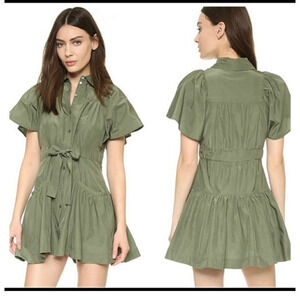 Marissa Webb Ilsa Flutter Sleeve Mini Shirt Dress with Pockets Military Green S